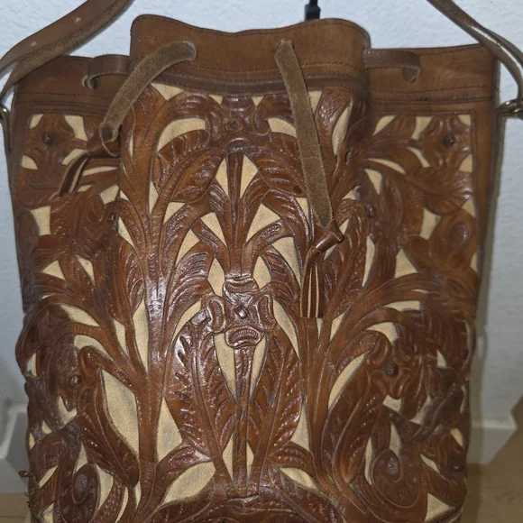 Vintage Brown Leather Cutout Shoulder Bag Vintage Mexican Artisan Leather Work - Picture 3 of 9